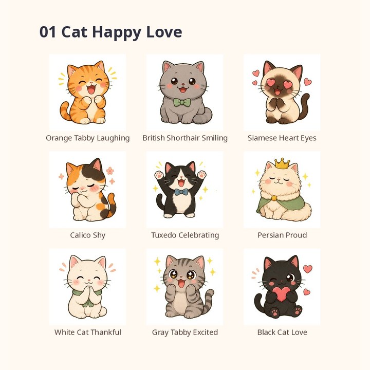 ตัวอย่างสติกเกอร์ดิจิทัลน้องแมวหลายสายพันธุ์และหลายอารมณ์